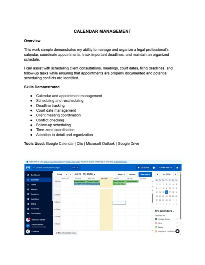 Preview of the Calendar Management work sample