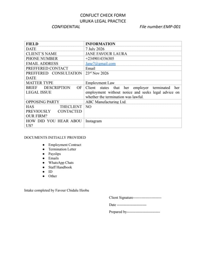 Preview of the Legal Client Intake and Onboarding work sample
