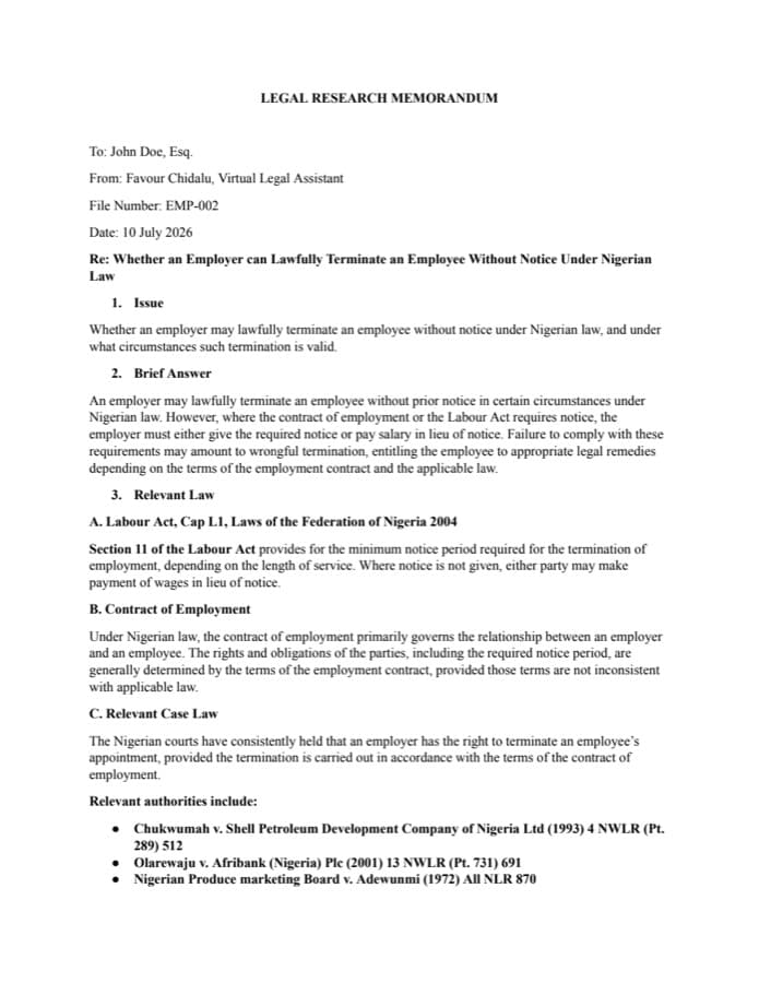Preview of the Legal Research work sample