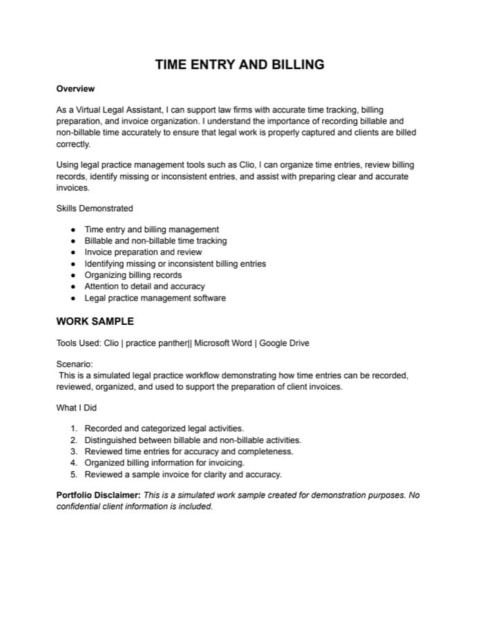 Preview of the Time Entry & Billing work sample